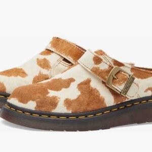 Dr. Martens Cow-Print Mary Jane Clogs in White and Tan